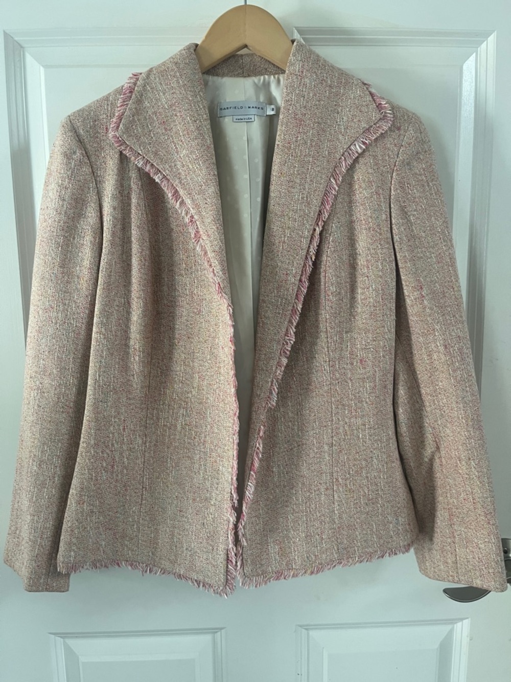 Vintage Gabrielle Pink Tweed Blazer Garfield & Marks open front silk, cotton